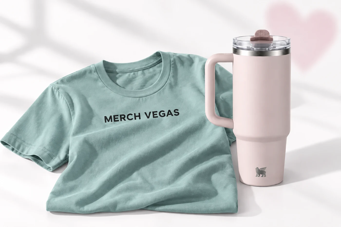 Illustrative Merch Vegas print on a Bella+Canvas Jersey Tee in Dusty Blue beside a Stanley Quencher ProTour tumbler in Rose Quartz