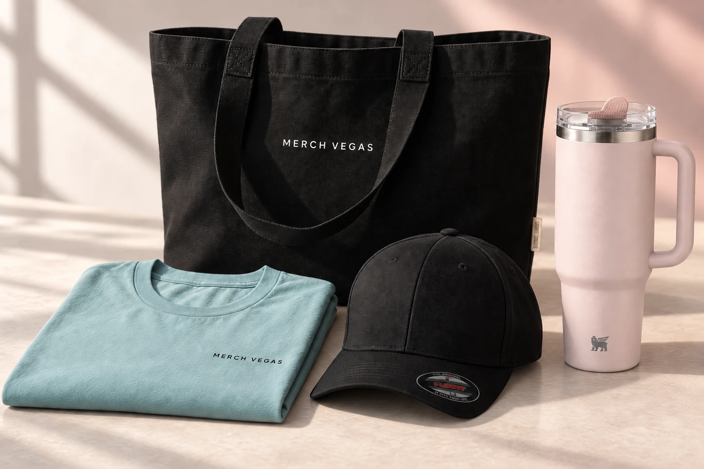Illustrative Merch Vegas prints on a Bella+Canvas tee and Comfort Colors tote, with a Flexfit cap and Stanley Quencher ProTour tumbler.